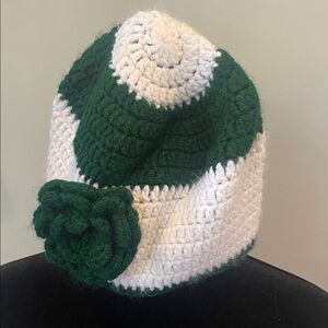 Green and White Crochet Beanie with Flower